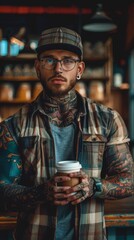 Canvas Print - A tattooed man holding a cup of coffee