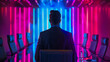 A businessman in a powerful suit leading a meeting in a neon-lit boardroom