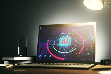 Poster - Computer monitor with creative artificial Intelligence abbreviation. Future technology and AI concept. 3D Rendering