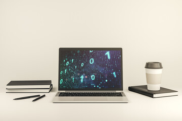 Aufkleber - Creative abstract binary code sketch on modern laptop monitor, hacking and matrix concept. 3D Rendering
