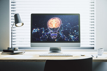 Poster - Creative light bulb with human brain hologram on modern laptop monitor, artificial Intelligence and neural networks concept. 3D Rendering