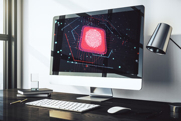 Aufkleber - Computer monitor with abstract fingerprint scan interface, digital access concept. 3D Rendering