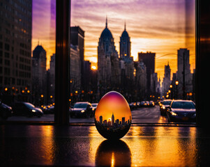 Poster - a transparent egg that reflects a huge city at sunset. Easter holiday. Generative AI