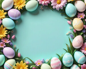 Poster - charming easter frame for congratulations, decorated with flowers and eggs, green grass. Easter holiday. Generative AI