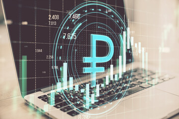 Sticker - Close up of laptop with creative round ruble hologram on blurry grid background with forex chart. Online banking, cryptocurrency and finance concept. Double exposure.