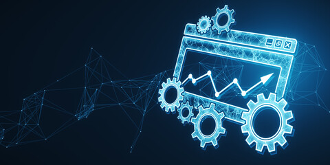 Leinwandbilder - Abstract digital computer folder with cogs, polygonal mesh and arrows. Project Management icon, data management, folder, project goals, task management concept. 3D Rendering.