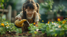 Cute Asian Child Girl Watering Plants In The Garden, Selective Focus