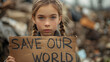 little girl with a sign saying save our world in the hands of a child
