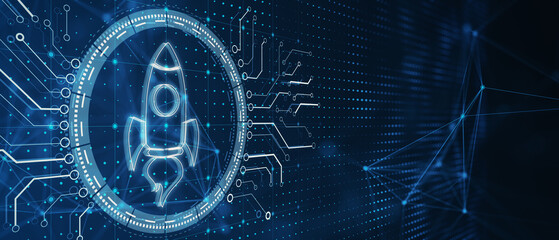 Aufkleber - A digital rocket icon with circuitry designs on a blue abstract background, symbolizing technology and innovation. 3D Rendering