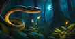 Green reptile snake in the dark forest