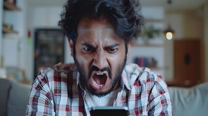 Indian guy staring at smartphone screen with angry face expression, get awful news in notice from bank, bad message, scam, fraud, screams due to short battery life, lagging phone, mobile  Ai Generated