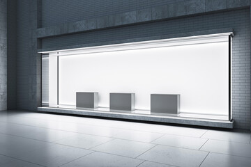 Poster - An empty storefront window display with backlighting on a brick wall, featuring blank podiums for product presentation. 3D Rendering