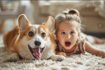 Wall Mural - Stunning full body high resolution photos of this little beauty getting crazy at home with her beloved Corgi. Children
