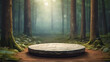 Empty round stand hidden in the middle of fantasy fairy tale magical forest. Flat stone podium under soft moss during foggy morning, majestic green scene.	