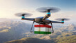 Package cardboard box with flag Tajikistan drones fly above sky, business concept and air transportation industry, unmanned aircraft robot to home,and controlled by remote AI