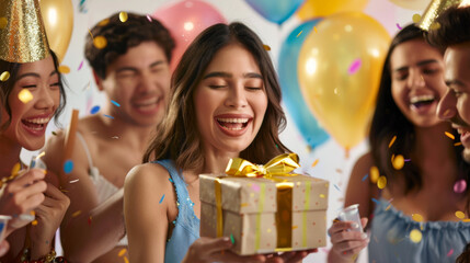 Canvas Print - A jubilant woman is holding a gift surrounded by friends and confetti at a birthday party.