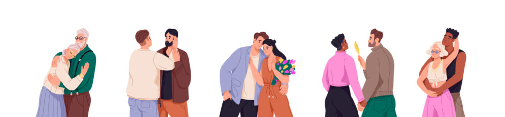 Wall Mural - Different couples set. People, boys, girls hold hands together on romantic date. Old man and woman love. Young gays hug. Homosexual relationship. Flat isolated vector illustration on white background