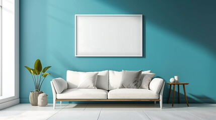 Poster - Minimalist blue sofa interior with empty poster frame mockup