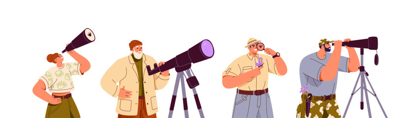 Poster - people look through binoculars set. naturalists observe with telescope, spyglass. scientists search,