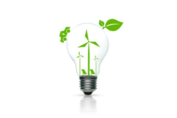 Wall Mural - Green energy concept with light bulb and green environmental icons on white background.