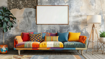 Poster - Classic boho sofa interior with rustic grunge wall, blank poster frame mockup.