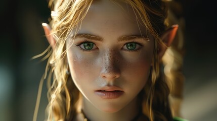 Blonde elf girl with green eyes and pointed ears. Mystical creature from fairy tale, portrait. Close-up face of attractive young woman. Magic forest background. Mythical female pixie. Fairy costume.