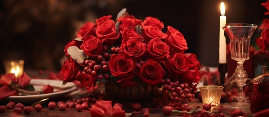 Sticker - A romantic table set for Valentines Day dinner with red roses, candles, and flower arrangements. The perfect setting for a special evening with a touch of elegance and love