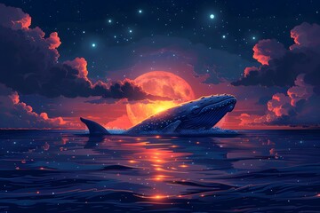 Wall Mural - Whale Swimming in Ocean at Night