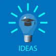 Graduation Hat or Mortarboard Hats in Light bulb icon vector illustration on blue isolated background, idea solution thinking sign education concept
