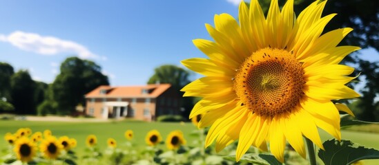 Sticker - A vibrant sunflower stands tall in a field, with a quaint house in the background against a clear blue sky, surrounded by trees and green grass