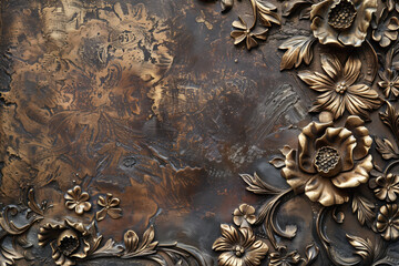 Oxidized bronze antique floral pattern art background image. Created with Generative AI technology.