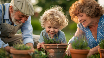 Poster - Grandparents and a grandchild enjoy planting in terracotta pots together.