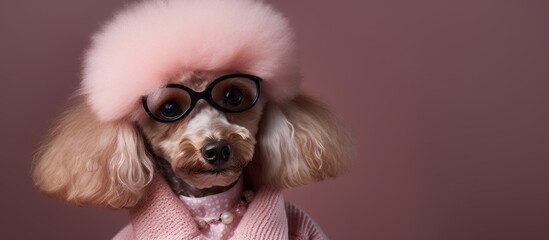 Poster - A poodle with glasses and a pink hat is a stylish companion dog known for its curly fur and intelligence. Protect its vision care and ears