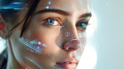 Poster - A close-up of a womans face set against a futuristic background, showcasing a blend of technology and humanity