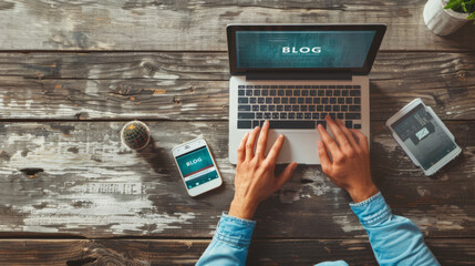 Wall Mural - A laptop with the word 'BLOG' on the screen is placed on a desk surrounded by stationery and plants.