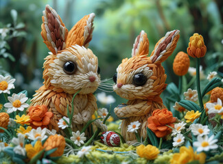 Easter bunnies in the flowers and egg