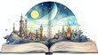 Fantasy sf open book with mystery cityscape and moon