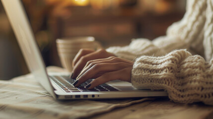 Canvas Print - Close-up of hands typing on a backlit laptop keyboard in a dimly lit setting.