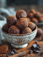 Wall Mural - Chocolate truffles in bowl on wooden table