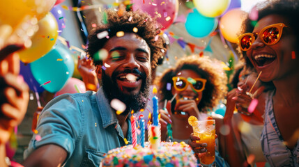 Canvas Print - Friends cheerfully celebrate with a birthday cake, balloons, and confetti.