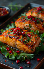 Wall Mural - Baked salmon fillet with spices and pomegranate on plate