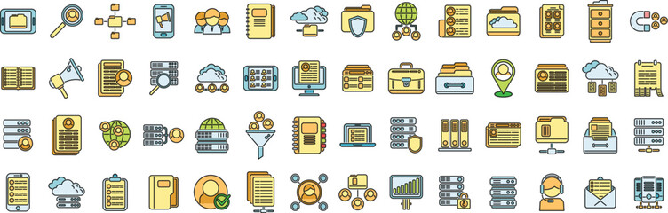 Poster - customer database icons set outline vector. company advertising. business service thin line color fl