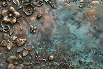 Poster - Oxidized bronze antique floral pattern art background image. Created with Generative AI technology.