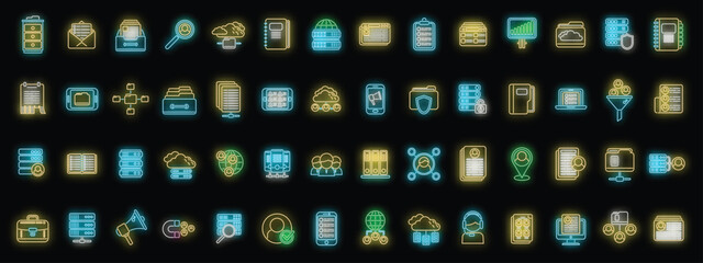 Canvas Print - Customer database icons set outline vector. Company advertising. Business service neon color on black