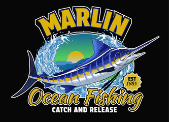 Canvas Print - Vintage Shirt of Marlin Fishing Colored
