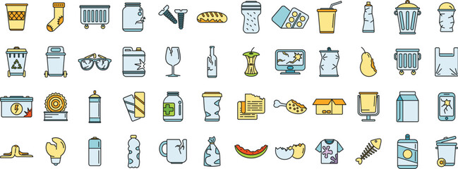 Poster - Waste icons set outline vector. Garbage food. Fresh plastic thin line color flat isolated