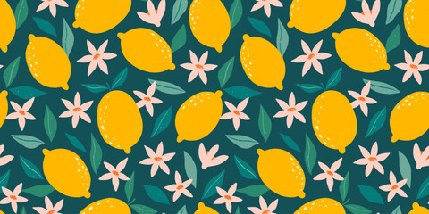 Wall Mural - Summer tropical seamless pattern with yellow lemons, leaves and flowers. Citrus fruit background. Modern trendy design for paper, cover, fabric. Vector illustration.