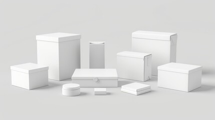 Aufkleber - Embossed white box mockup. Three-dimensional modern illustration set with blank packaging boxes, cube perspective views, and cosmetics product packages.