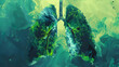 Creative green healthy lungs on dark green  background.  Earth day concept. no PM 2.5 