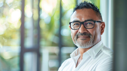 Wall Mural - Handsome 45 years old gentle aboriginal Australian man, wearing glasses, formal slick hairstyle, smooth face in a modern office building, wearing white shirt, beside a huge window